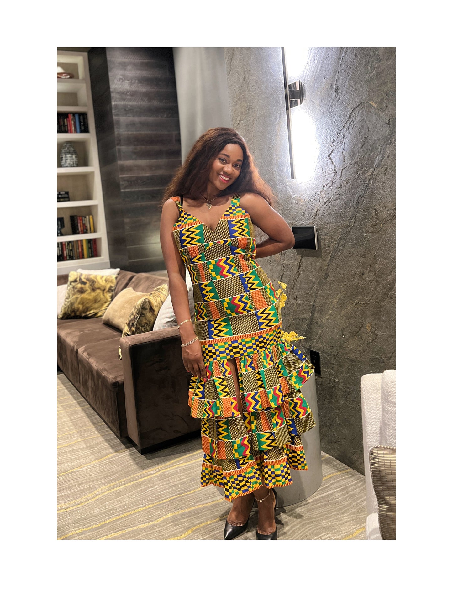 Woman Boho African Floral Print pleated Long Midi Dress with middle Slit . For all social events