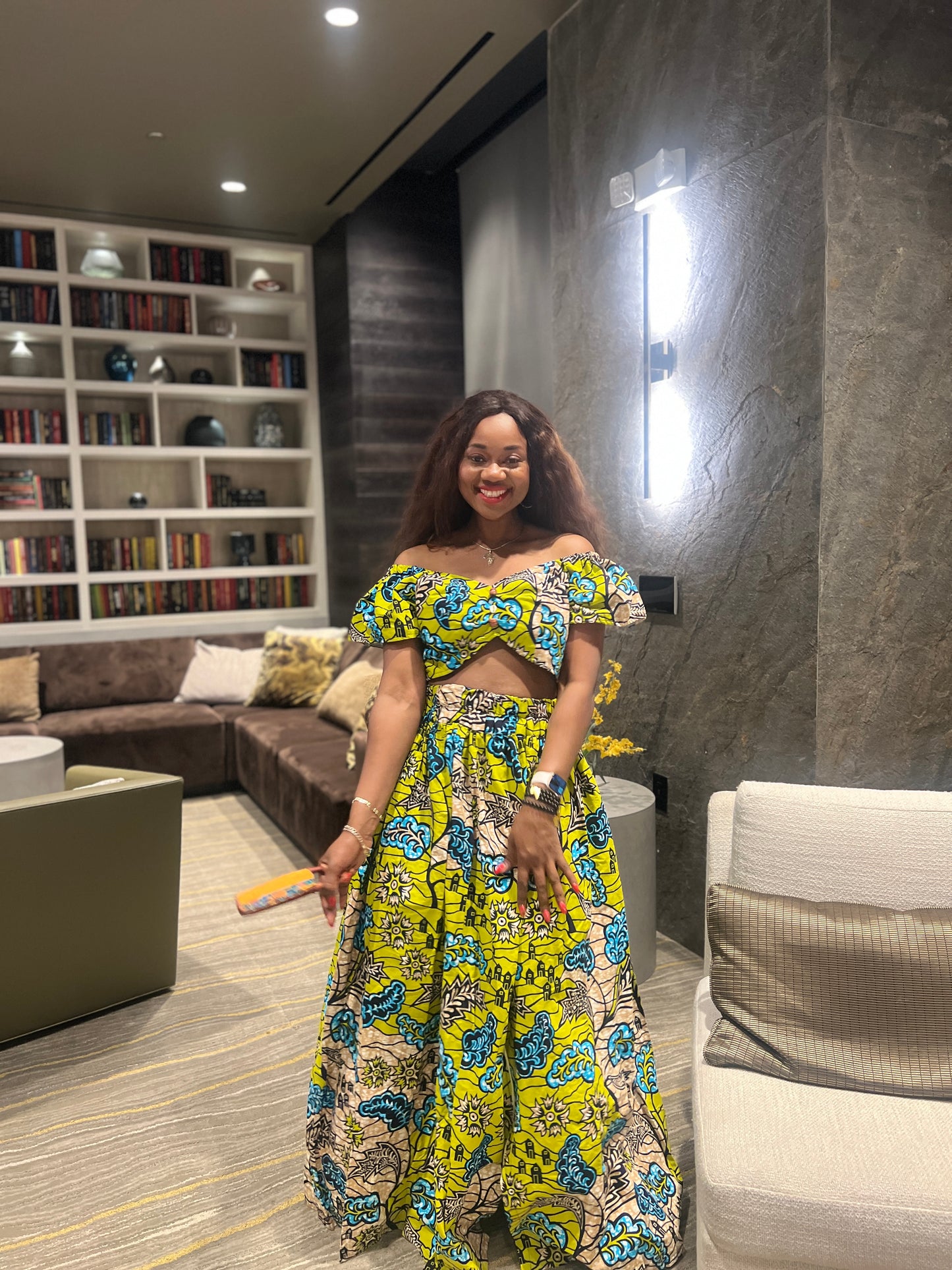Malayka African printed Maxi Skirt 2 pieces. Skirt with zipper slit on the side, two side pockets and short sleeves crop top. For parties, weddings, birthdays, and major social events.
