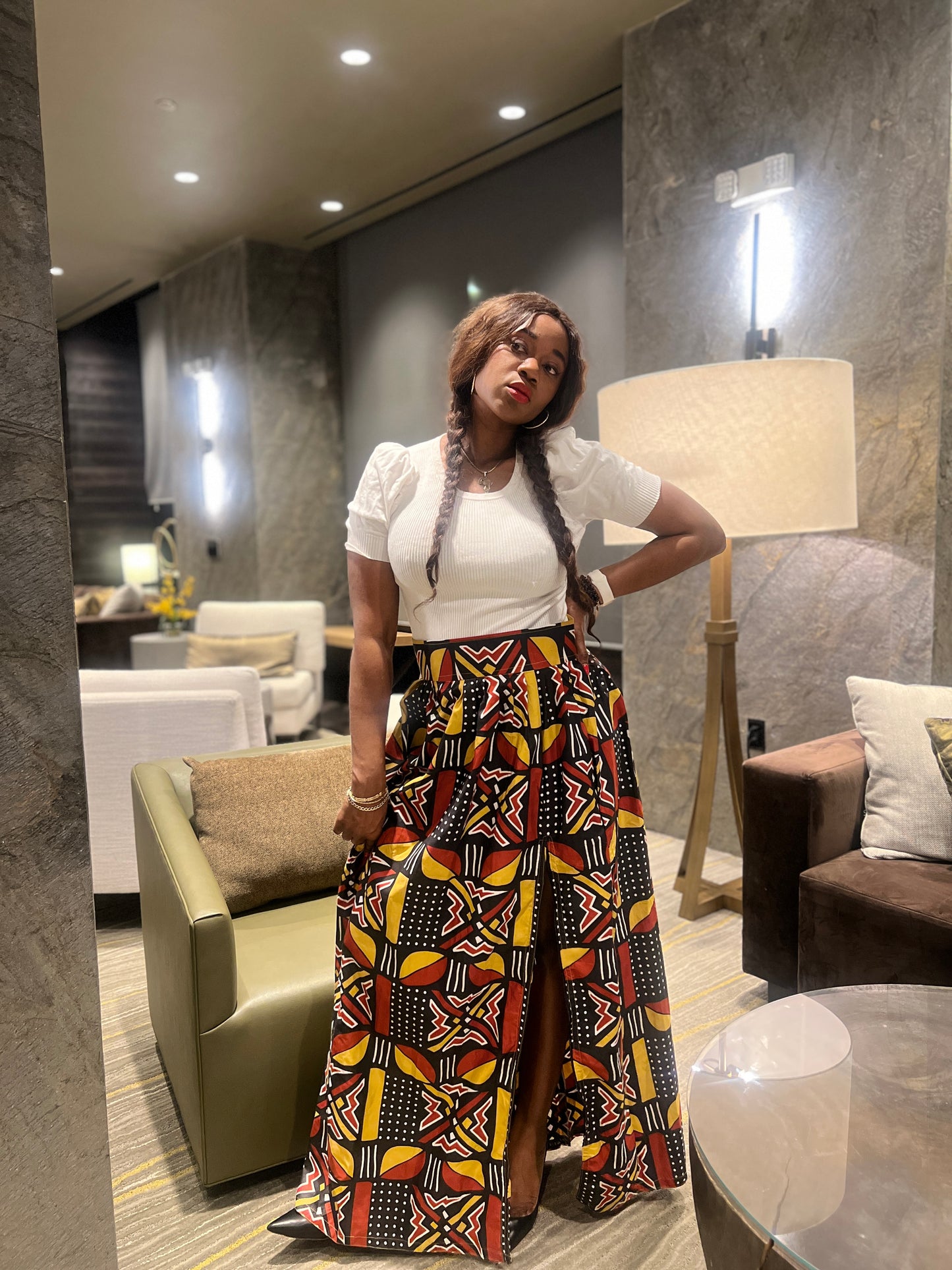 Fashionable women African printed Ankara long Skirt with side zip slit, 2 side pockets.