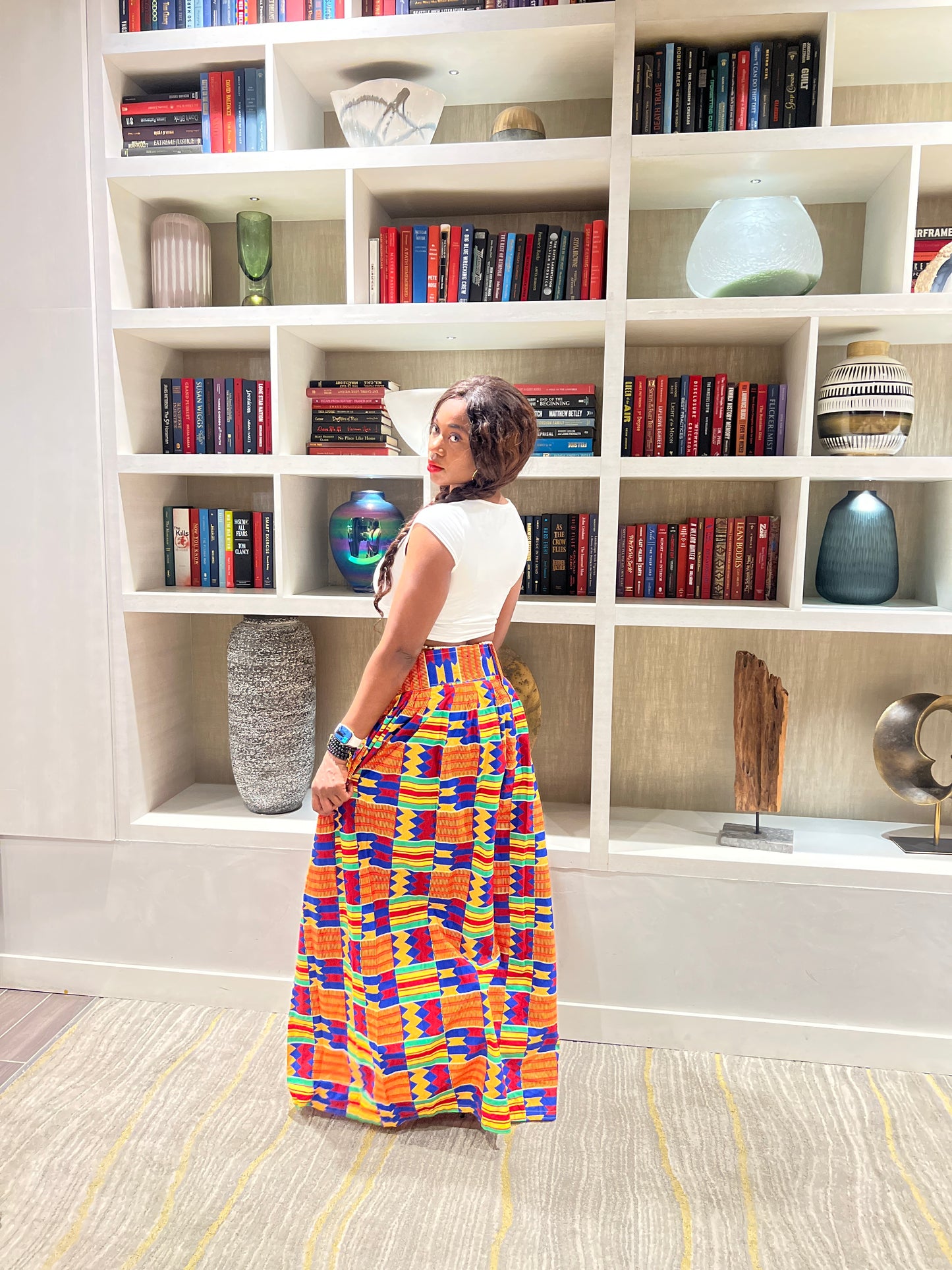 Fashionable women African printed Ankara long Skirt with side zip slit, 2 side pockets.
