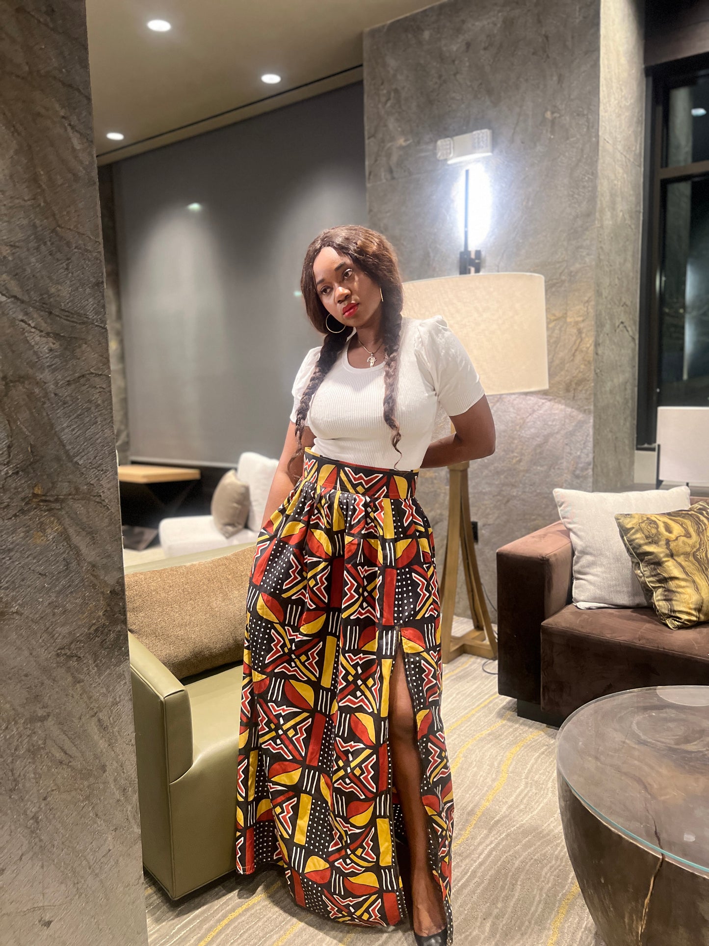 Fashionable women African printed Ankara long Skirt with side zip slit, 2 side pockets.