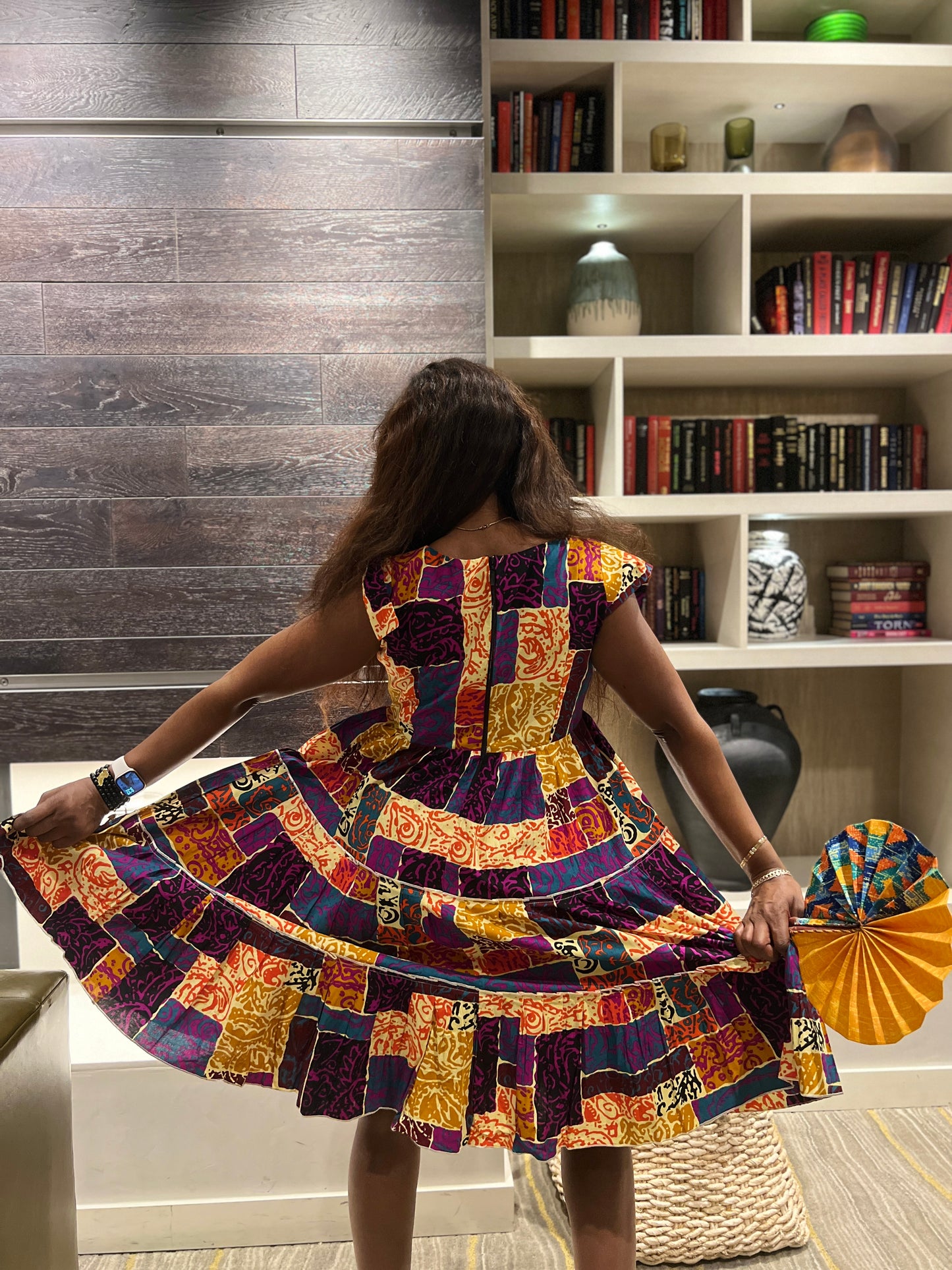 Nancy’s African wax Printed Multicolored Dress. purple and yellow. Dress with side pockets , short sleeves. 100% Cotton