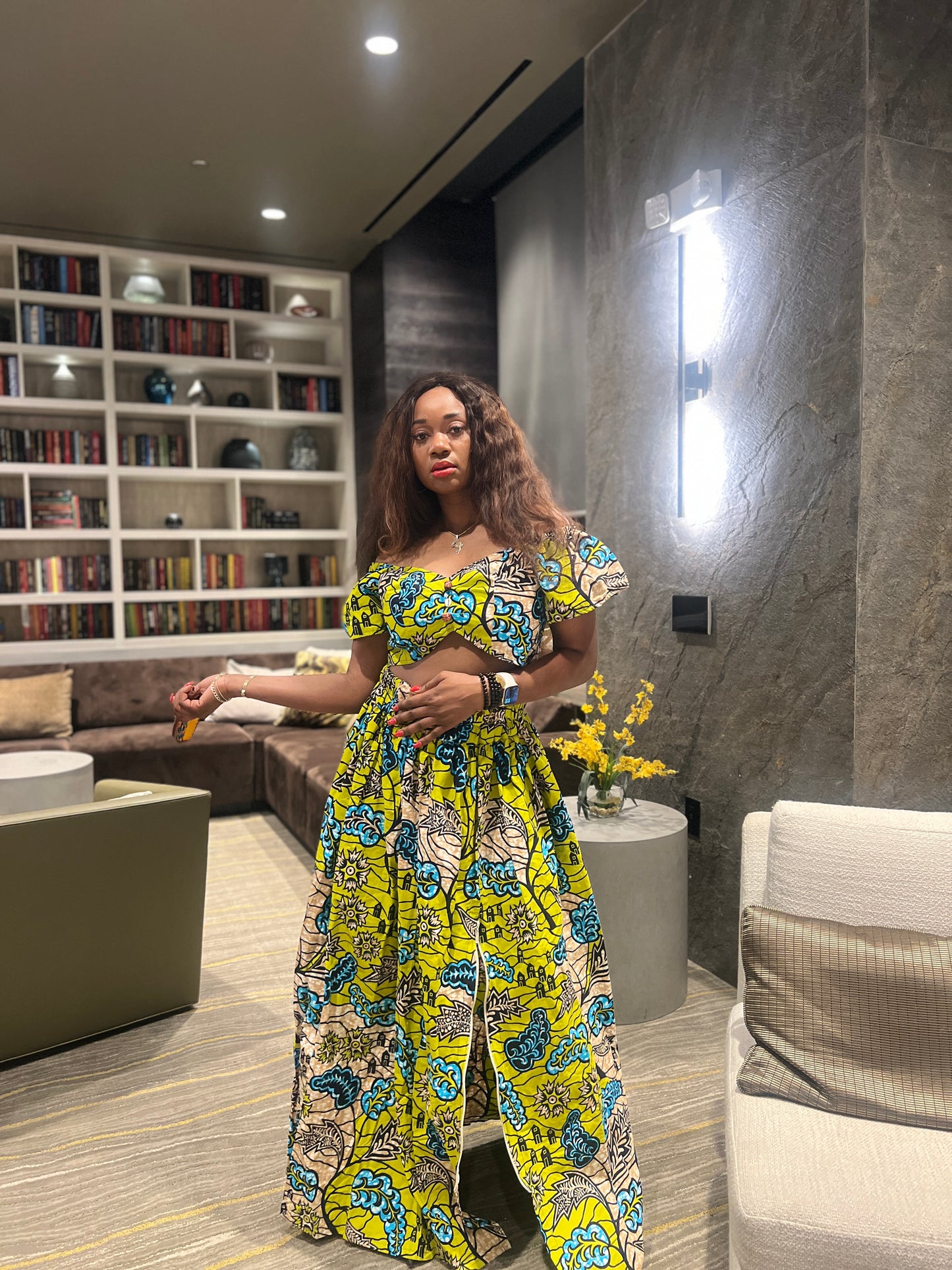 Malayka African printed  Maxi Skirt 2 pieces. Skirt with zipper slit on the side, two side pockets and short sleeves crop top. For parties, weddings, birthdays, and major social events.