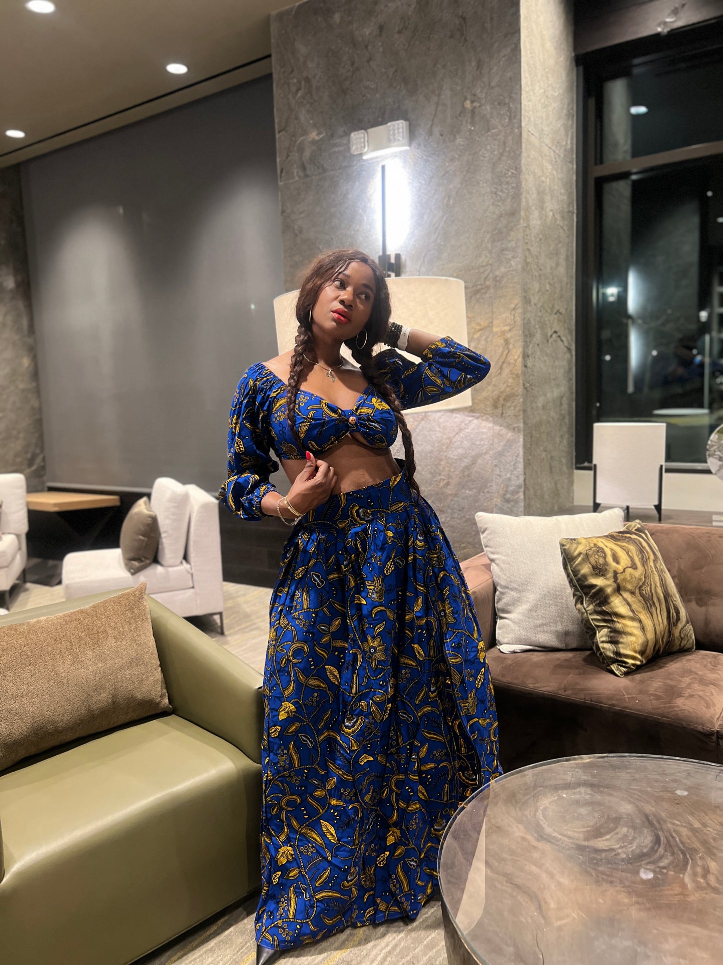Malayka African printed  Maxi Skirt 2 pieces. Skirt with zipper slit on the side, two side pockets and long sleeves crop top. For parties, weddings, birthdays, and major social events.