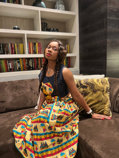 KN two pieces Mid skirt +top. African Multi colored print with side pockets.