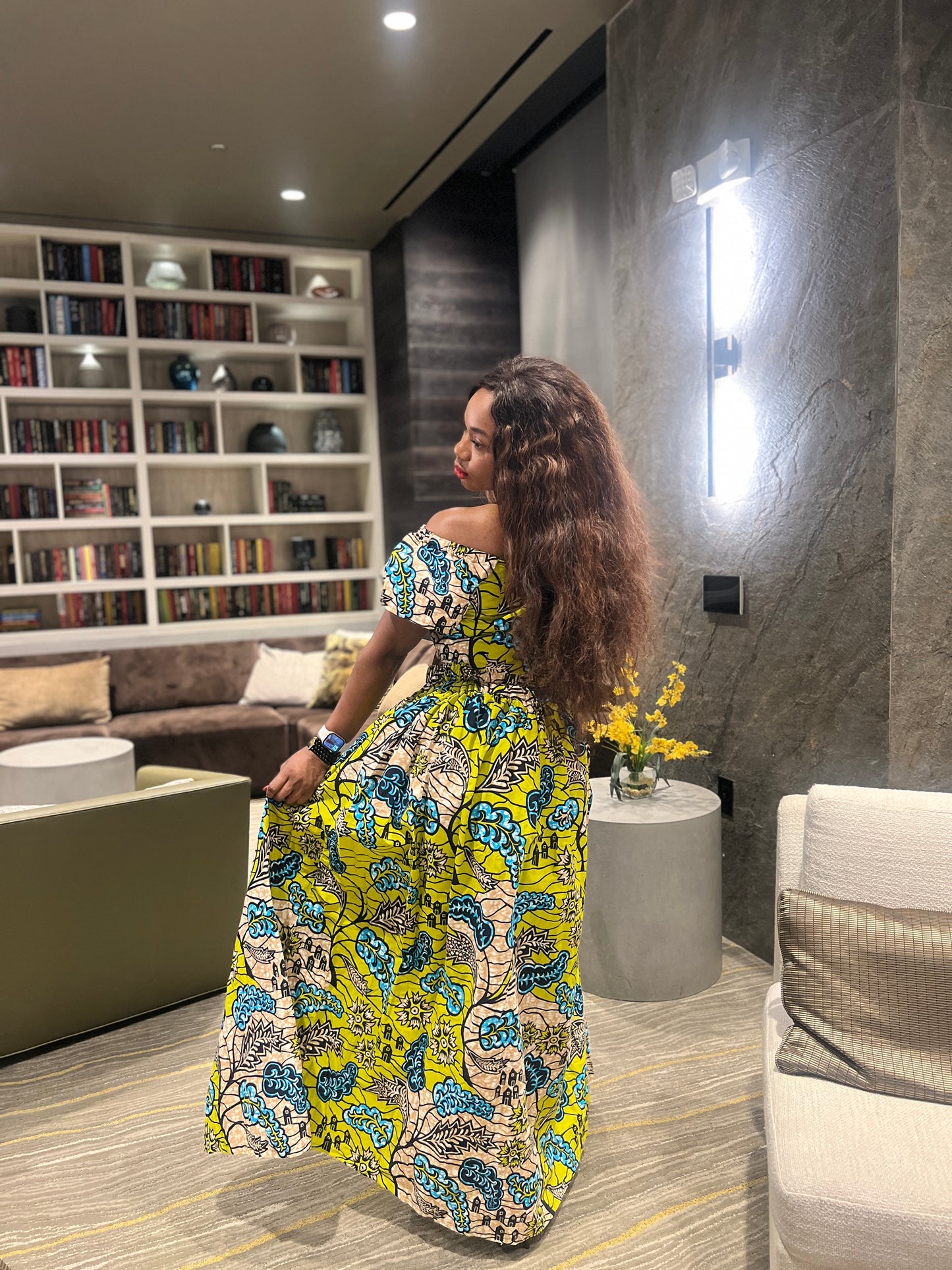 Malayka African printed  Maxi Skirt 2 pieces. Skirt with zipper slit on the side, two side pockets and short sleeves crop top. For parties, weddings, birthdays, and major social events.