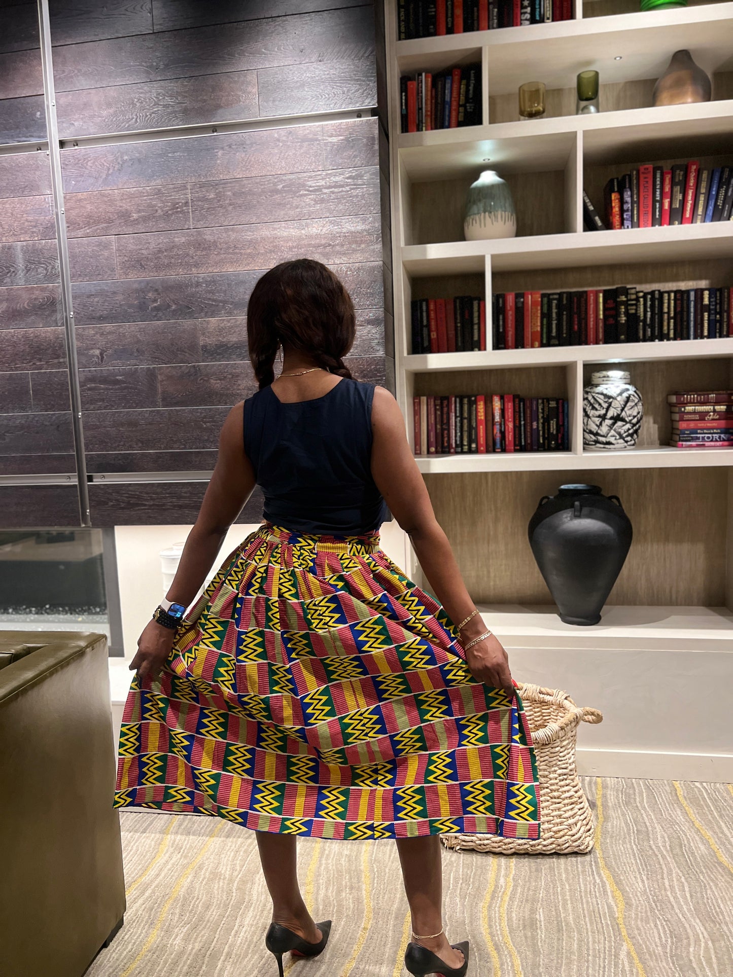 KN two pieces Mid skirt +top. African Multi colored print with side pockets.