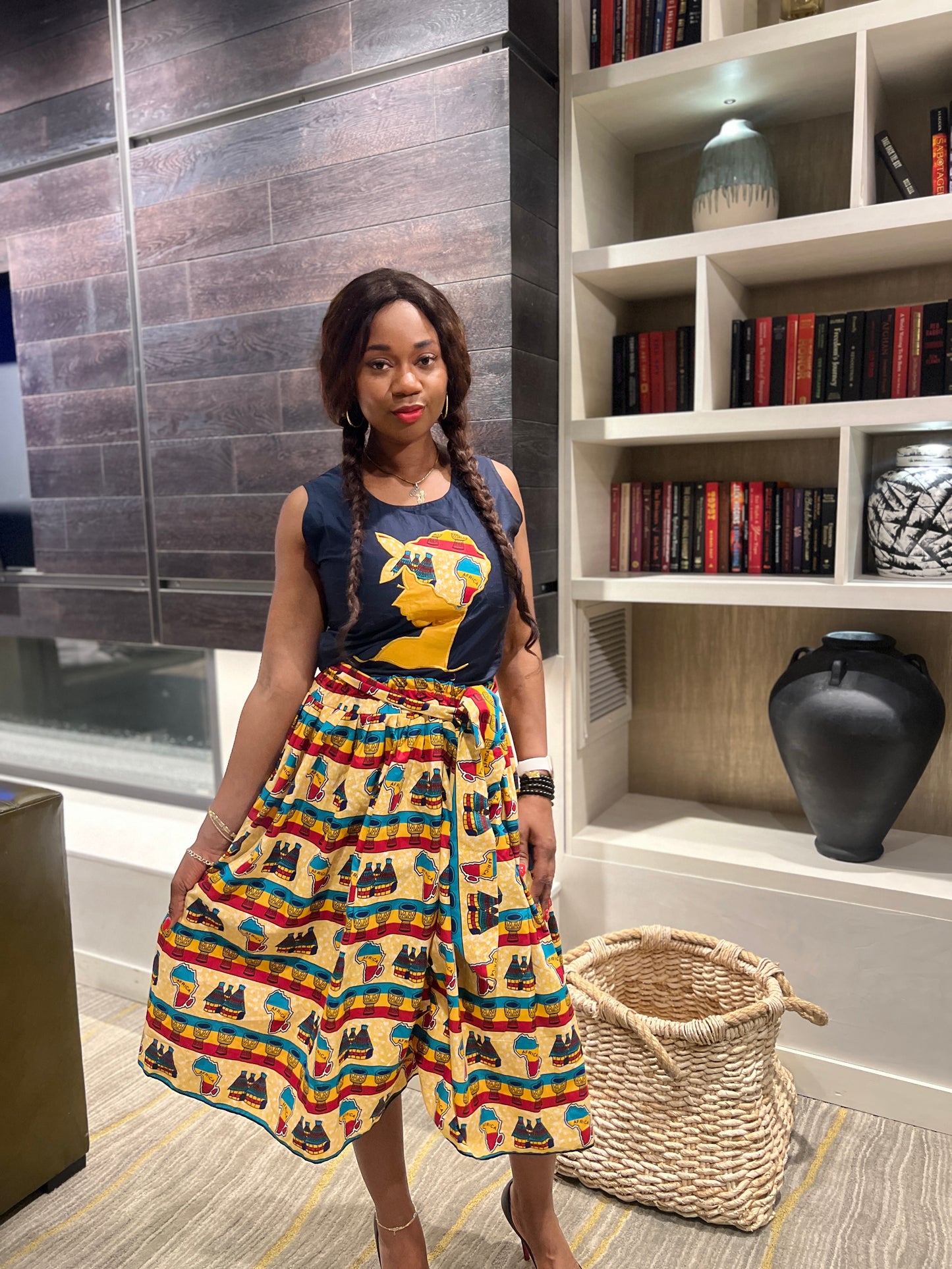 KN two pieces Mid skirt +top. African Multi colored print with side pockets.