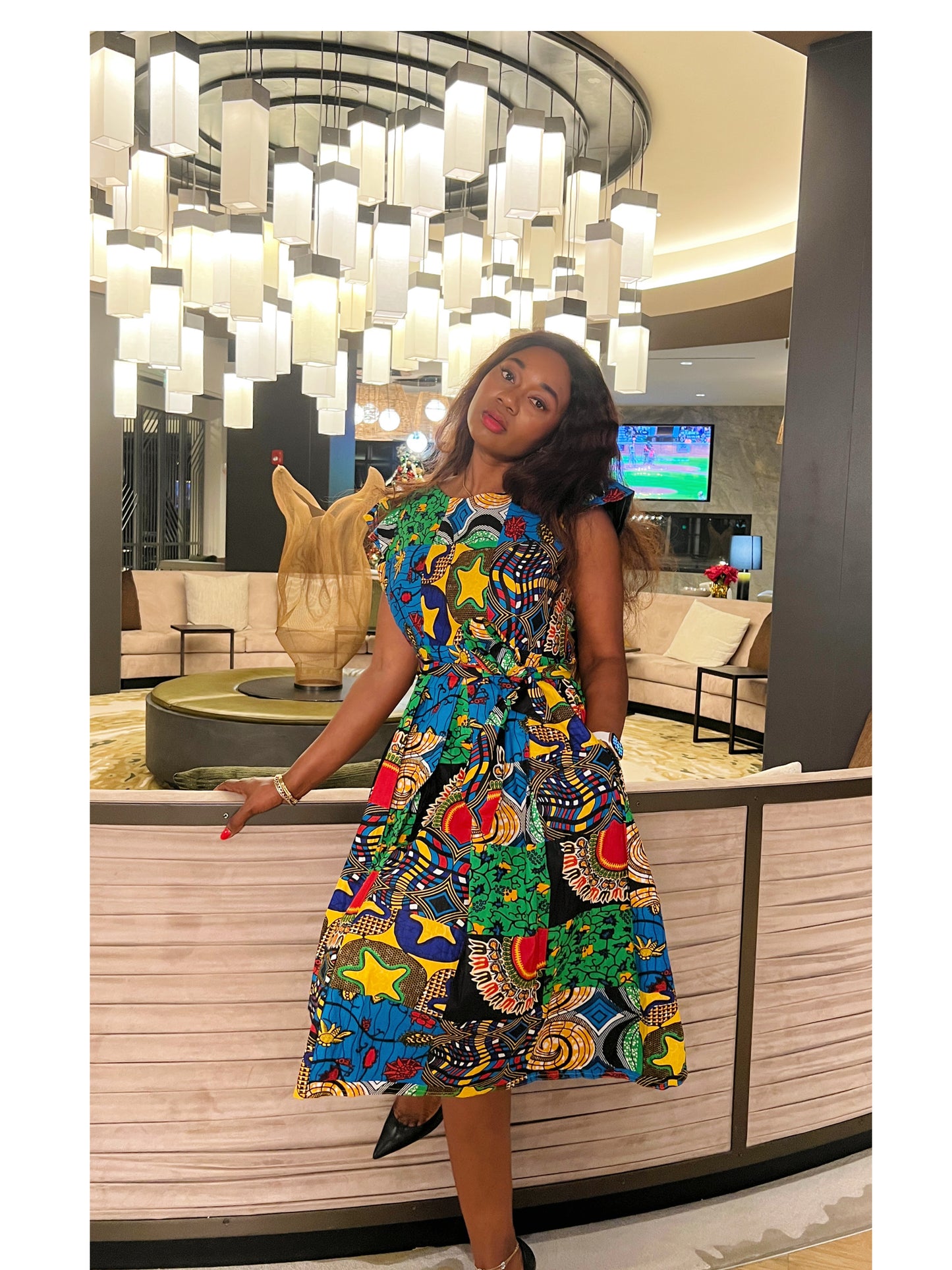 Nancy’s African wax Printed Multicolored Dress. Dress with side pockets , short sleeves. 100% Cotton