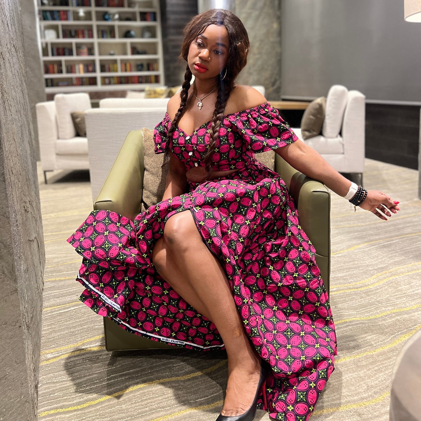 Malayka African printed  Maxi Skirt 2 pieces. Skirt with zipper slit on the side, two side pockets and short sleeves crop top. For parties, weddings, birthdays, and major social events.