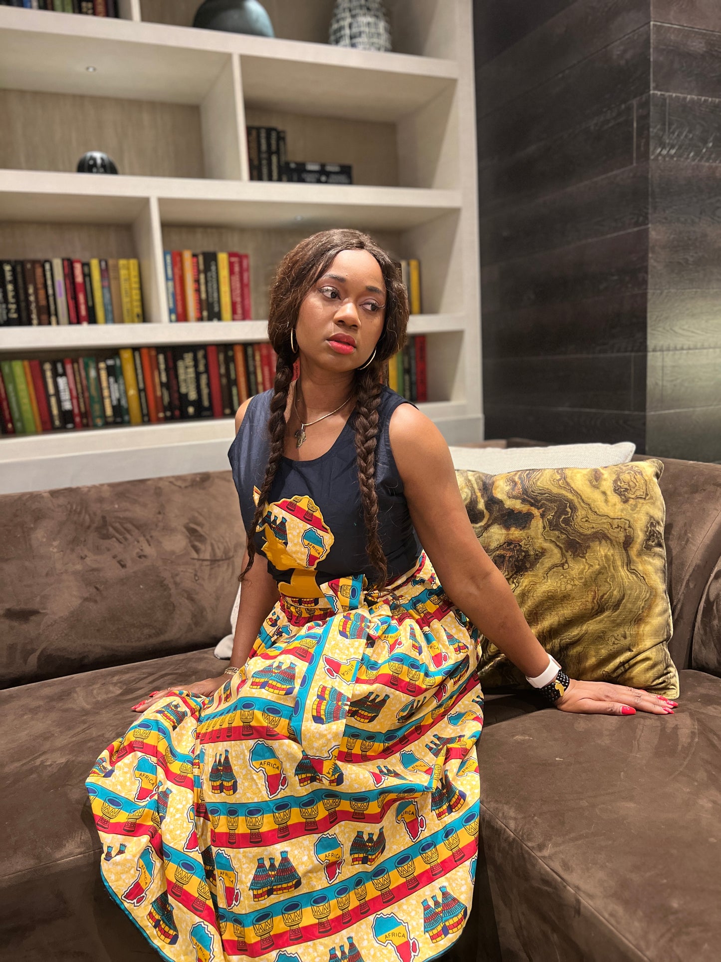 KN two pieces Mid skirt +top. African Multi colored print with side pockets.