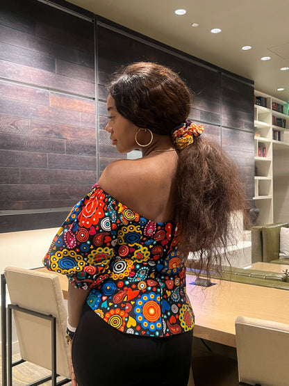 African print Off Shoulder Ruffle Elasticated Ankara top with sleeves