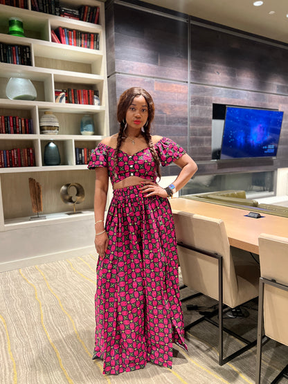 Malayka African printed  Maxi Skirt 2 pieces. Skirt with zipper slit on the side, two side pockets and short sleeves crop top. For parties, weddings, birthdays, and major social events.