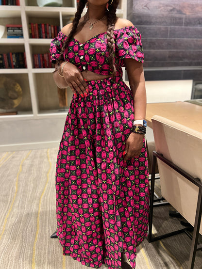 Malayka African printed  Maxi Skirt 2 pieces. Skirt with zipper slit on the side, two side pockets and short sleeves crop top. For parties, weddings, birthdays, and major social events.