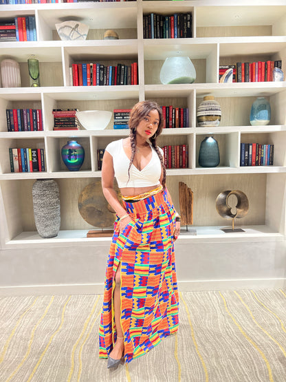 Fashionable women African printed Ankara long Skirt with side zip slit, 2 side pockets.