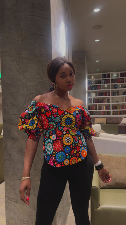 African print Off Shoulder Ruffle Elasticated Ankara top with sleeves